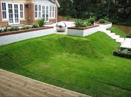 Tapered Sloping Split Level Yard With Steps In Center Maybe Sloped Backyard Yard Design Garden Design Layout Landscaping