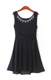 Black Gemstone Decorated Neckline Sleeveless Chiffon Dress Fashion Sleeveless Chiffon Dress Black Chiffon Dress
