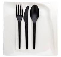 Basic Nature Black CPLA Plastic Cutlery Set - White Napkin, Heat-Resistant,  Compostable - 8 3/4" x 2 3/4" x 3/4" - 100 count box