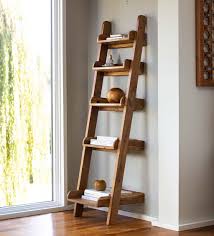 5 Tiered Open Wall Mount Teak Wood Ladder Bookshelf Vivaterra