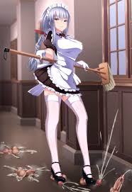 doskoinpo, silver hair, copyright request, 1girl, apron, bad anatomy, ball  busting, bdsm, breasts, broom, cbt, cum, disembodied penis, ejaculation,  femdom, gloves, grey eyes, high heels, large breasts, looking at viewer,  maid, maid