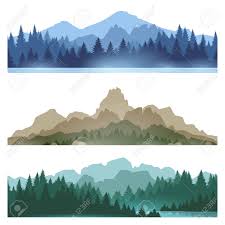 Foggy Mountains Landscape Set Vector Illustration Smokey Rocky Pine Tree Art Forest Silhouette Pine Tree Silhouette