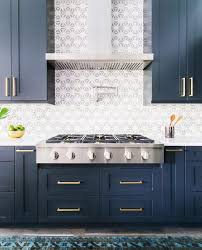Navy Blue Kitchen With Gray Patterned Tile Backsplash Unique Kitchen Backsplash Kitchen Cabinet Design Interior Design Kitchen