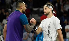 Kyrgios's huge serve pushes thiem's returning position close to the back wall. Kyrgios And Thiem Provide Drama As Melbourne Counts Down To Lockdown Australian Open 2021 The Guardian