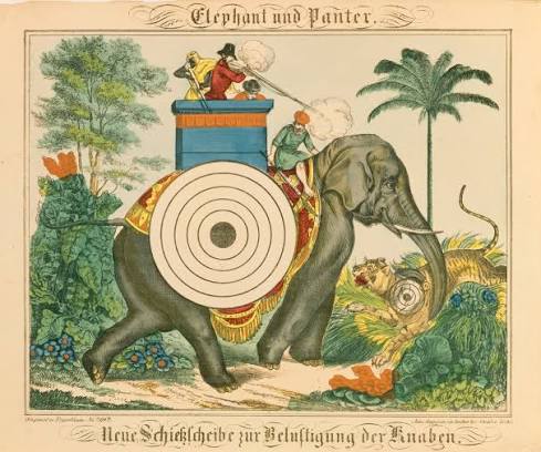 An Elephant and Panther with Targets, from Neuruppiner Bilderbogen, 1850