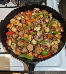 Splurged On Beyond Sausage Cooked With Potatoes Red Onions Peppers And Mushrooms Vegetarian