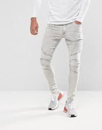 Asos Extreme Super Skinny Jeans In Light Gray Biker And Hem Detail Grey Jeans Men Jeans Outfit Men Tight Jeans Men