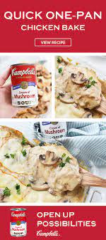 Cream Of Mushroom Chicken Bake With Cheese Recipe Campbells Soup Recipes Recipe With Cream Of Mushroom Soup Cream Of Mushroom Chicken