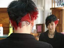 Dark Hair Red Highlight Cat Design Mermaid Hair Color Short Hair Undercut Dark Hair Red Highlights