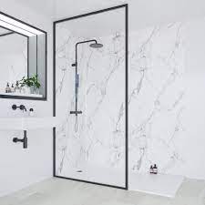 Marble can also look great in bathrooms. Multipanel Linda Barker Calacatta Marble Bathroom Wall Panel