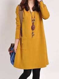 Autumn Spring Long Sleeve Round Neck Patch Pocket Cotton Casual Shift Dresses With Images Shift Dress Casual
