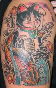 Lucky Cat Maneki Neko Half Sleeve Tattoo With Koi Fish Cherry Blossoms Maneki Neko Half Sleeve Tattoo Lucky Cat