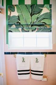 Bathroom Pink Black Tile Green Striped Wallpaper Palm Leaf Shade Monogrammed Hand Towels Beverly Hills Hotel Small Bathroom Green Bathroom