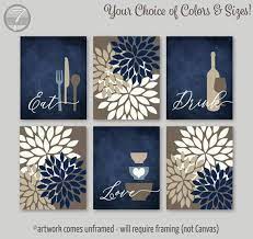 Kitchen Wall Art Print Set Eat Drink Love Flower Bursts Navy Beige Tan Cream Modern Decor Set Of 6 Unframed Paper Prints Or Canvas Art Print Set Kitchen Wall Art Kitchen