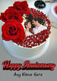 Same day delivery available and 100% satisfaction guaranteed. Happy Anniversary Red Pomegranate Cake With Name And Photo