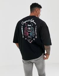 Asos Design Oversized T Shirt With Half Sleeve And Tiger Neon Back Print Black Modesens