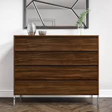 Mdf wood dresser with 4 drawers modern simple chest of drawers functional organizer frame for bedroom, living room, closet (black). Travis Walnut 4 Drawer Chest Of Drawers Furniture123