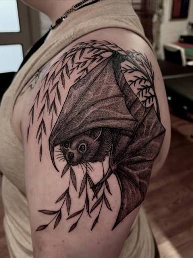 Made this cute bat hanging from a willow branch for a super awesome longtime client! @scarabbodyarts @reborntattoocare #tattoo #blackwork #blackandgrey #dotwork #stipple