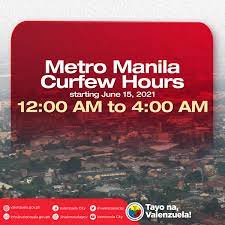 Jun 20, 2021 · according to the order, from june 21, the night curfew hours will be from 9 pm to 7 am. Valenzuelacity On Twitter Shorter Curfew Period Will Be Implemented In Metro Manila Starting On June 15 2021 Following The Mmda Announcement The New Curfew Hours Will Be 12 00 Am To 4 00 Am