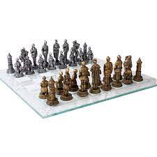 All chess sets, anri chess sets. 15 Medieval Gold And Silver Polystone Chess Set With Glass Chess Board