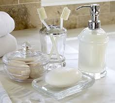 Beach glass bath accessories made from sustainable sea glass, this set of bathroom accessories constitutes a good option for your bathroom supplies. Classic Handcrafted Glass Bathroom Accessories Pottery Barn