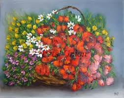 He varied the shades of contrasting colors and chose subjects that he enjoyed, such as painting still lifes. Red Poppies Original Oil Painting Wild Flowers Basket Impasto White Daisies Palette Knife Art