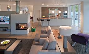 Open Plan Kitchen Living Dining Space With Large Focal Fire Open Plan Kitchen Living Room Open Plan Kitchen Dining Living Modern Kitchen Open Plan