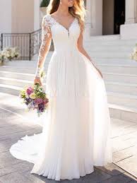 Long sleeve bridal gowns might seem strictly traditional, but our collection includes options to match every personality. Lace Wedding Dresses 2021 Chiffon V Neck A Line Long Sleeve Lace Applique Beach Wedding Bridal Dress With Train Milanoo Com