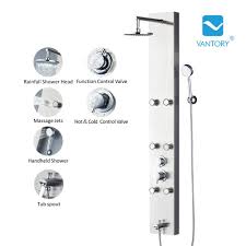 Vantory Shower Panel System Stainless Steel Rainfall With 6 Adjustable Spray Massages Jets Hand Shower And Tub Spo Shower Panels Rainfall Shower Head Tub Spout