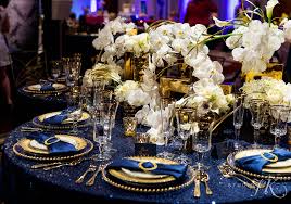 Green and pink flower arrangements. Navy Blue And Gold Wedding Table Settings Novocom Top
