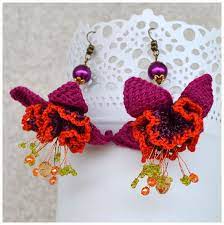 Elegant Fuchsia Dangle Earrings Ooak Crochet Pink Purple Orange Earrings Statement Violet Flower Dangles Crochet Jewel Crochet Jewelry Fabric Earrings Handmade
