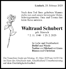 Traueranzeigen von Waltraud Schubert