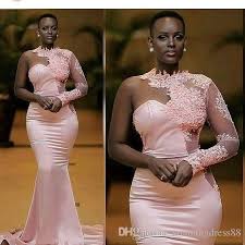 Fabulous Pink One Shoulder With Illusion Long Sleeves Mermaid Prom Evening Dress Formal Go Lace Gown Styles Prom Dresses Long With Sleeves Lace Evening Dresses