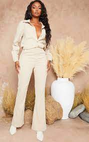 The casual cropped pants' length hits right at the ankle. Camel Cord High Waisted Wide Leg Trouser Prettylittlething Il