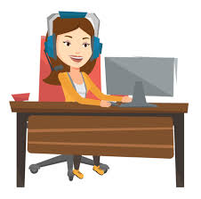 Mujer Caucasica Joven Que Usa La Computadora Para Jugar A Juegos Mujer Alegre En Auriculares Jugando Juegos En Linea Mujer Jugando Al Juego De Computadora Ilustracion De Diseno Plano De Vector Aislado
