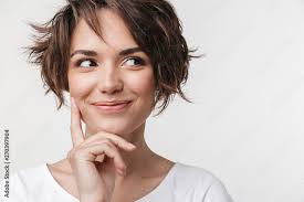 Portrait of beautiful woman with short brown hair in basic t-shirt smiling  at ca, Drobot Dean Wall Mural