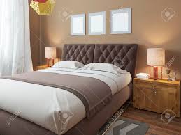 Gardinen kaufen auch auf rechnung. Luxus Grosse Moderne Doppelbett Im Schlafzimmer Im Loft Stil Bettwasche In Weissen Und Braunen Farben Uber Dem Bett Drei Mockup An Den Seiten Sind Zwei Nachttische Mit Lampen 3d Ubertragen Lizenzfreie Fotos Bilder Und
