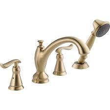 Solid brass construction ensures quality and reliability. Delta Linden 2 Handle Deck Mount Roman Tub Faucet With Hand Shower Trim Kit Only In Champagne Bronze Valve Not Included T4794 Cz The Home Depot