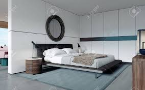 The mirror is massive and attached to the wall with a mirrorred trim. Modern Designer Bedroom In Scandinavian Style Wardrobe Round Stock Photo Picture And Royalty Free Image Image 148791662