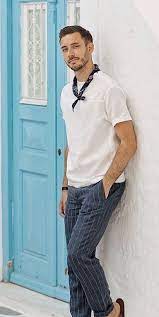 brightbazaar with a summer outfit idea with a white t shirt navy bandana blue pinstripe trousers and sandals summerstyle su erkek moda erkek giyim moda