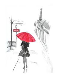 Paris Rain Fashion Illustration Print Red Umbrella French Girl Paris Girl Bedroom Art Paris Illus Paris Illustration Fashion Art Illustration Red Umbrella