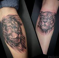 Husband And Wife Matching Tattoos Realistic Lion And Lioness Tattoo On Calf Animal Portrait Tattoo Cou Lion And Lioness Tattoo Couple Tattoos Lioness Tattoo