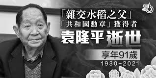袁隆平（1930 年9 月7 日—2021 年5 月22 日），男，漢族，無黨派人士，江西省九江市德安縣人。 é›œäº¤æ°´ç¨»ä¹‹çˆ¶ è¢éš†å¹³é€ä¸–äº«å¹´91æ­² å…©å²¸ é»žæ–°èž