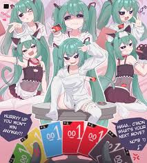 myuf, hatsune miku, mimukauwa nice try (vocaloid), uno (game), vocaloid,  absurdres, highres, 1girl, 1other, anger vein, animal ear fluff, animal  ears, animal hands, apron, aqua hair, bell, black bra, black sclera, black
