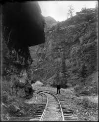 HangingRock at the #Oxbow parcel, Clear Creek Canyon, circa 1900-1920. Can  you find it today in the #ClearCreek #OpenSpacePark? Photo courtesy of DPL.  #ColoradoHistory #CCLC #CCLChasjoinedCOL #DenversBackYard