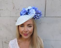 Large Cream & Cornflower Light Blue Rose Flower Fascinator Disc Hat  Hatinator Races Headpiece Floral Wedding U11805
