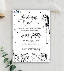 Black And White Invitations Free Printable Free Editable Baby Shower Invitation Template The Adventure Begins Black White Jungle Animals Wild Instant Download Printable Instantly Personalize Free Baby Shower Invitations Baby Shower Boy Invitations Free