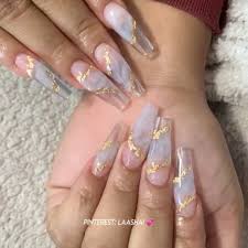 Black And Clear Nails With Butterflies Pinterest Laashai Colored Claws Clear And Milky White Coffin Acrylic Nails W Gold Leaf Fla In 2020 Gold Acrylic Nails Best Acrylic Nails Clear Acrylic Nails
