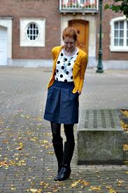 Black And White Polka Dot Dress With Black Tights The Ginger Diaries Yellow Cardigan Black Tights Navy Dress Outfits