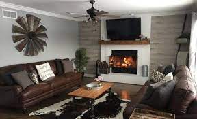 modern farmhouse fireplace shelf mantel in 2021 living room panelling brown couch living room brown living room
